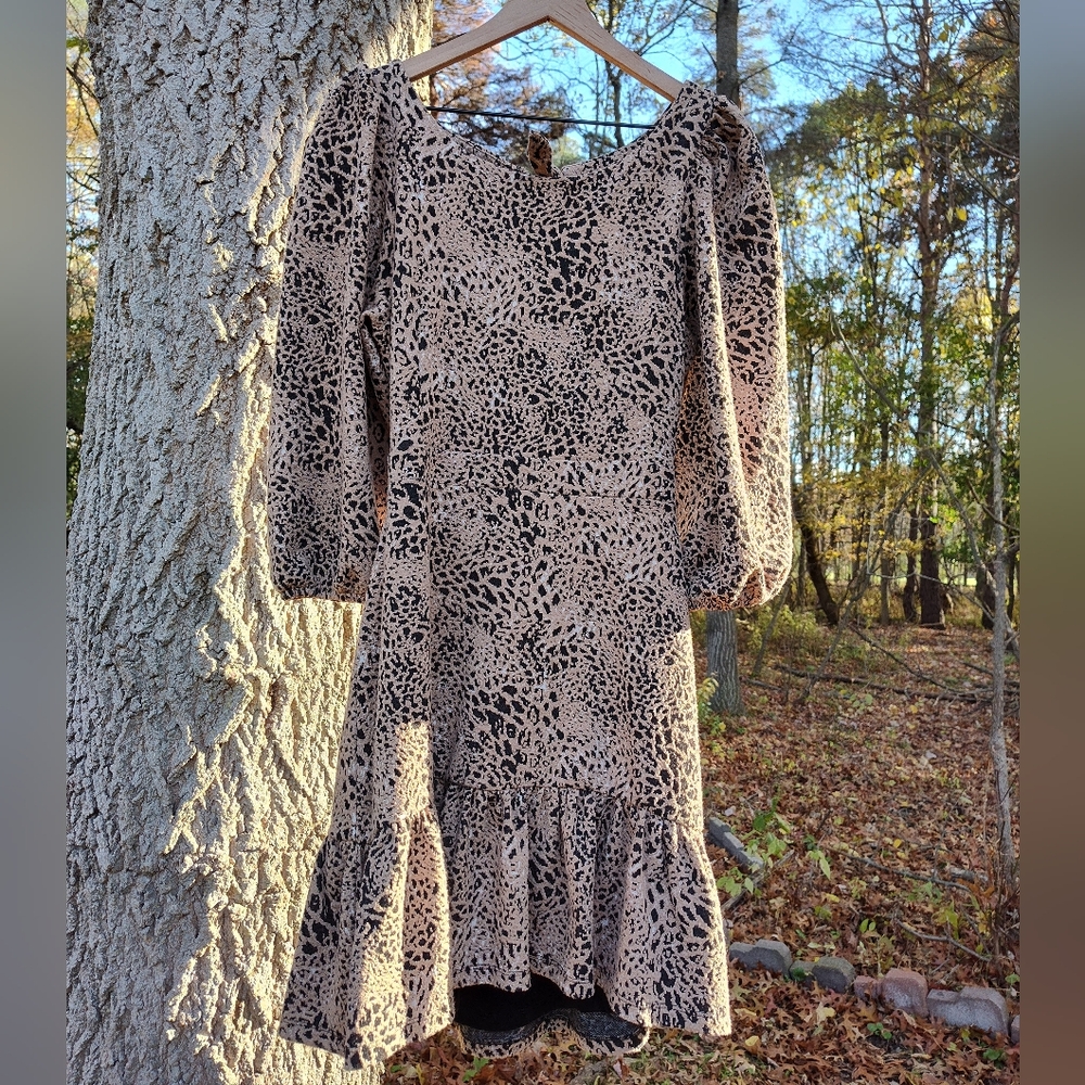 Maeve Anthro Cut-Out Mini Dress Leopard Animal Brown Sz 14 Balloon Sleeve